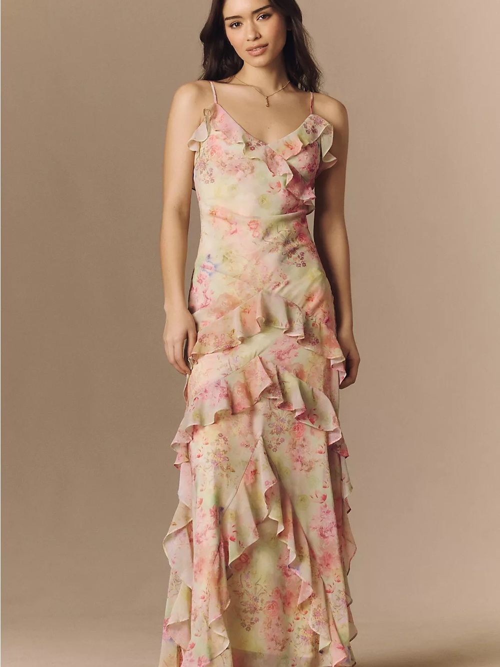 BHLDN/Anthropologie Floral Ruffle Maxi Dress in Pastel Pink and Cream, with Tags